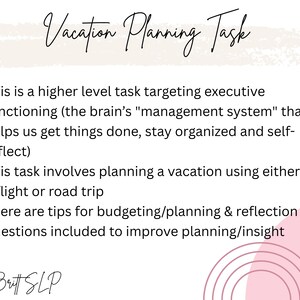 K&ouml;nnte beinhalten: Ein digitales Dokument mit dem Titel "Vacation Planning Task" in einer Schreibschrift. Der Text beschreibt eine Aufgabe, die sich auf die Exekutivfunktionen, die Urlaubsplanung und Budgettipps konzentriert. Der Name des Autors, Gina Britt SLP, steht unten.