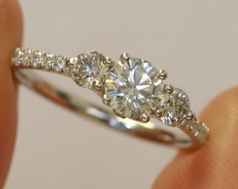 Three Diamond Cluster Engagement Ring, Round Diamond Engagement Ring, 14K White Gold Ring, Diamond Engagement Ring, Wedding Jewelry