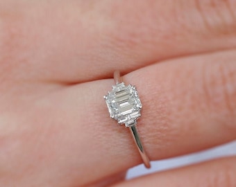 エメラルドカットダイヤモンドリング、14Kホワイトゴールドリング