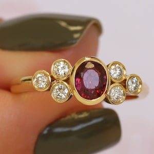 Red Ruby & Diamonds Gold Ring, Oval Ruby Ring, Two Gemstones Ring, Vintage Ruby Side Diamonds Ring, 14k Yellow gold