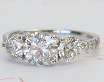 Three Stone Diamond Engagement Ring, 2 Carat Engagement Ring, 14K White Gold Engagement Ring, Wedding Jewelry