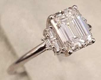 Unique Emerald Ring, Cathedral Ring, Emerald Engagement, Art Deco Ring, Natural Emerald Ring, Emerald Cut Engagement Ring, Natural Diamond