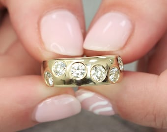 1.5 Carat Wedding Band, Wide Yellow Gold Diamond Ring,