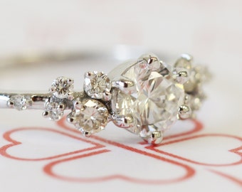 Cluster Diamond Ring, Floral Rounded Diamond Engagement Ring, 1 CT Round Diamond White Gold, Dainty Engagement Ring