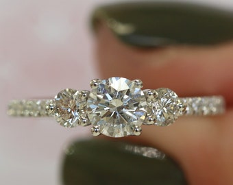 Three Diamond Engagement Ring, Cluster Engagement Ring, 14K White Gold Ring, Diamond Engagement Ring, Round Diamond Ring