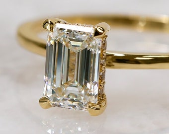 Hidden Halo Ring, Unique Emerald Ring, Emerald Solitaire, Emerald Diamond Ring, Emerald Engagement, Emerald Ring Women, Solitaire Ring