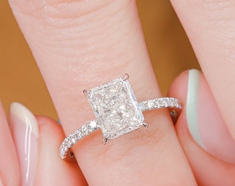 Radiant Cut Diamond Ring, Diamond Engagement Ring, 14k White Gold Diamond Ring, 2 Cts Natural Diamond Ring, Hidden Halo Diamond Ring
