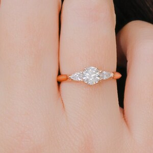 Three Diamonds Ring, 3 Stone Diamond Engagement Ring, Pear and Round Diamond Ring, Milgrain Engagement Ring, Rose Gold Diamond Ring