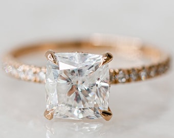 Anillo de diamantes talla cojín, anillo de compromiso de 2,38 quilates, halo oculto, anillo de diamantes de oro rosa, talla cojín, oro rosa de 14 quilates
