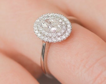 Double Halo Oval Ring, Halo Engagement Ring, 14K White Gold, Oval Cut Diamond Ring, Wedding Set, Bridal Set