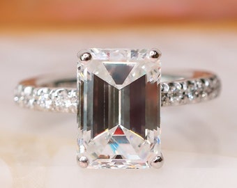 6 Carats Emerald Cut Diamond Engagement Ring, Emerald Diamond Solitaire Ring With Accents, Emerald Diamond Eternity Ring, Anniversary Gift