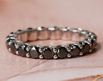 Black Diamond Wedding Band, Round Cut Black Diamond, Eternity Ring, Matching Wedding Band, 3 Carat Black Eternity Ring