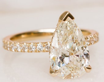 READY TO SHIP | Pear Cut Diamond Engagement Ring, Teardrop Diamond Ring , 3.5 cts Pear Diamond Ring, Yellow Gold Diamond  Ring