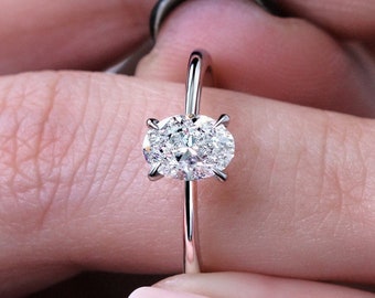 Oval Diamond Engagement Ring, 1 Carat Oval Diamond Ring, Tapered Engagement Ring