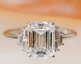 Emerald Cut Diamond Ring, 14K White Gold Ring, Gold Diamond Engagement Ring, Emerald And Baguette Diamond Ring, Proposal Gold Diamond Ring