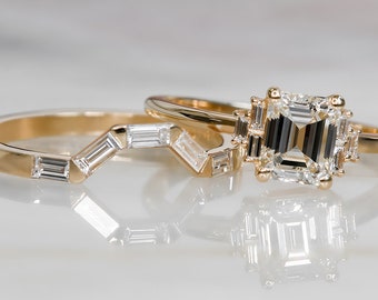 Baguette Diamant Ring, Baguette Ring für Frauen, Benutzerdefinierte Diamant Ring, Baguette Passenden Band, Art Deco Band