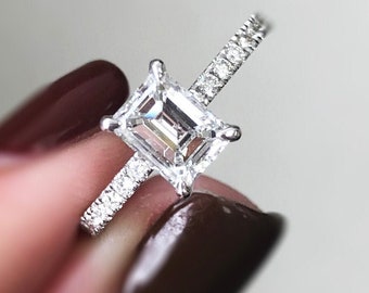 Emerald Cut Diamond Engagement Ring- White Gold Emerald Diamond Ring, 14k Gold Diamond Engagement Ring, Emerald Cut Natural Diamond Ring