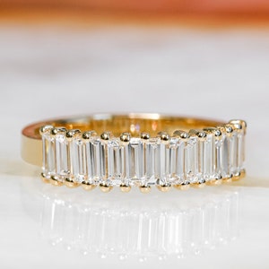 Baguette Diamond Band Ring, Elongate Diamond Ring, Wedding Band Real Diamond Ring, Art Deco Ring, Baguette Jewelry, 14K Yellow Gold image 3