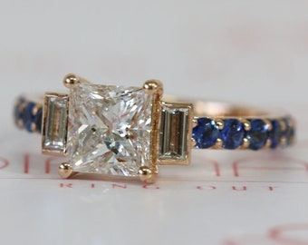 Princess Cut Diamond, Baguette & Sapphire Gold Ring, Princess Cut Diamond Ring, Baguette Diamonds Ring, Blue Stone 2.5 carat ring