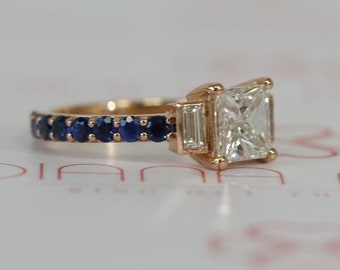 2.5 Carats Princess Cut Diamond, Baguette & Sapphire Gold Ring, Blue Stone Ring, Sapphire Stone Ring, Birth Stone Ring