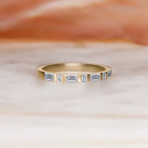 Baguette Wedding Band Yellow Gold, Alternating Baguette Wedding Ring, Baguette Stackable Ring, Unique Baguette Ring