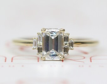 Emerald Cut Engagement Ring- Genuine Diamond Ring, 14K Yellow Gold