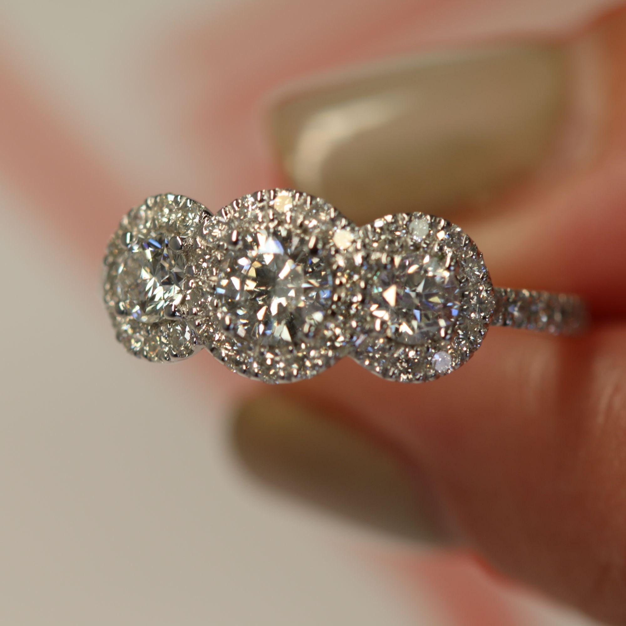 Three Stone Engagement, Round Diamond Engagement Ring, Halo Diamond ...