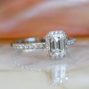 1.5 Carats Emerald Cut Natural Diamond Engagement Ring In 14K White Gold, Emerald Cut Engagement Ring, Halo Diamond Ring