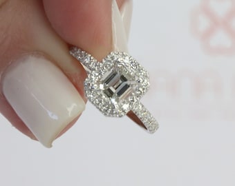 Anillo de compromiso de talla esmeralda, anillo de diamantes con halo, anillo de diamantes de oro blanco, anillo de compromiso de diamantes de 14 k, anillo de diamantes de oro de 14 k, anillo de diamantes