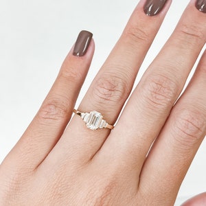 1.11 Carats Emerald Cut Diamond Engagement Ring, Emerald & Baguettes Real Diamond Ring, Yellow Gold Diamond Ring, Elongate Diamond Ring image 3