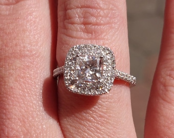 Anillo de compromiso con corte princesa, joyería de diseño, anillo de diamantes con doble halo, anillo de compromiso con halo cojín, oro blanco de 14 quilates, anillos con corte princesa