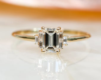 Emerald Cut Diamond Engagement Ring, Natural Diamond Ring, 14K Yellow Gold Diamond Engagement Ring, Claw Prong Diamond Ring, Art Deco Ring