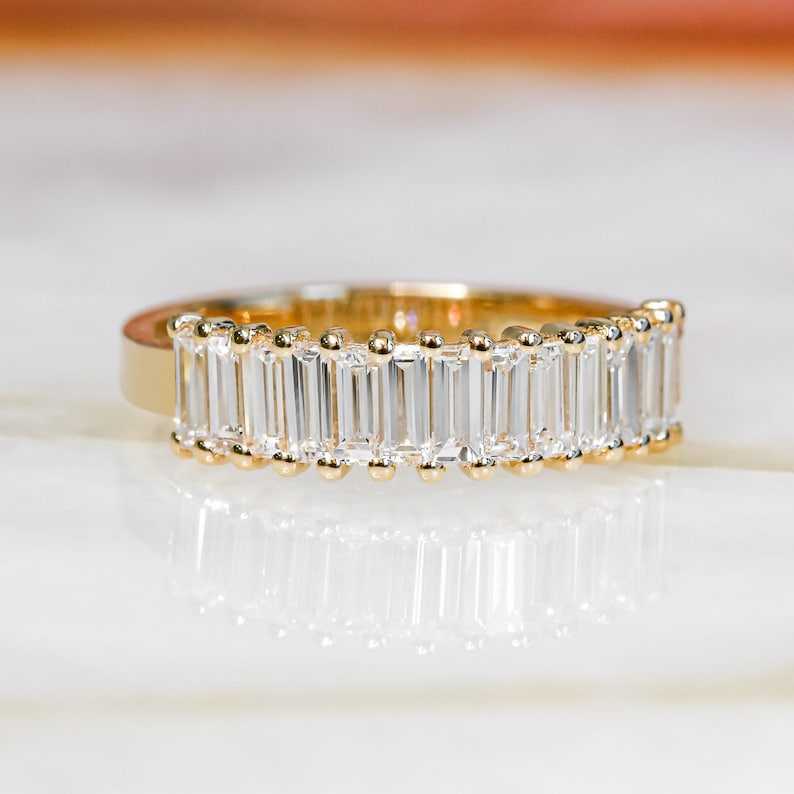 Baguette Diamond Band Ring, Elongate Diamond Ring, Wedding Band Real Diamond Ring, Art Deco Ring, Baguette Jewelry, 14K Yellow Gold image 3