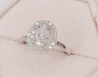 Oval Engagement Ring, Double Halo Engagement Ring, 14K White Gold, Oval Cut Diamond Ring, Oval Halo Wedding Set, Bridal Set