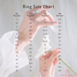 May include: Ring size chart with US, EU, UK, and MM ring sizes. The chart shows the corresponding ring size for each measurement system.