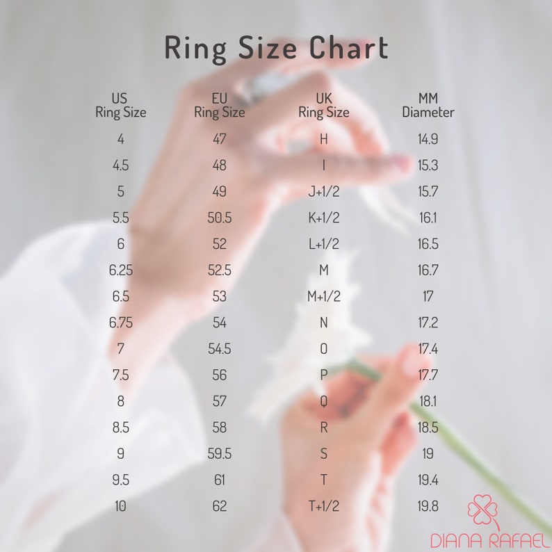 May include: Ring size chart with US, EU, UK, and MM ring sizes. The chart shows the corresponding ring size for each measurement system.
