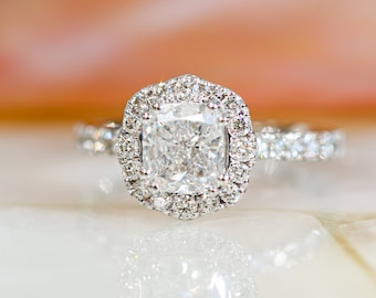 Kissenschliff Diamantring, Kissen Diamant Verlobungsring, Kissen Halo Diamantring, Weißgold Verlobungsring