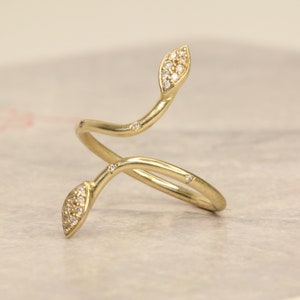 Oriental Pave Diamonds Gold Ring, Open Diamond Ring, Unique Design Snake Diamond Ring, 14K Yellow Gold Ring, Boho Gold Ring
