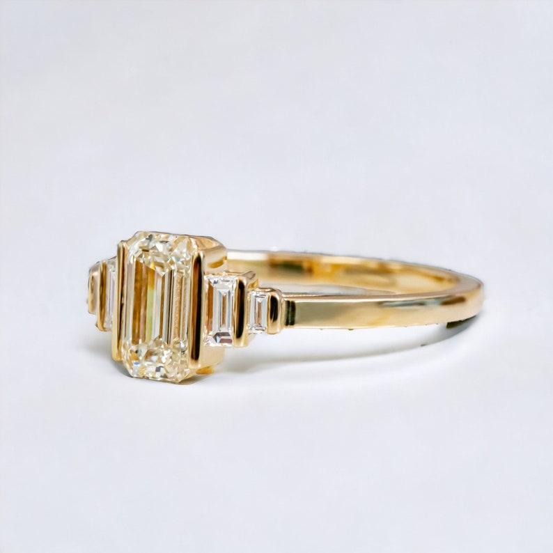 1.11 Carats Emerald Cut Diamond Engagement Ring, Emerald & Baguettes Real Diamond Ring, Yellow Gold Diamond Ring, Elongate Diamond Ring image 2