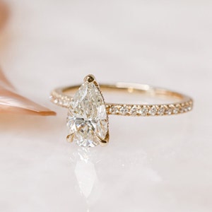 1.5 Carat Pear Shaped Engagement Ring, Pear Cut Real Diamond Ring, Solitaire Engagement Ring, 14k Yellow Gold Ring