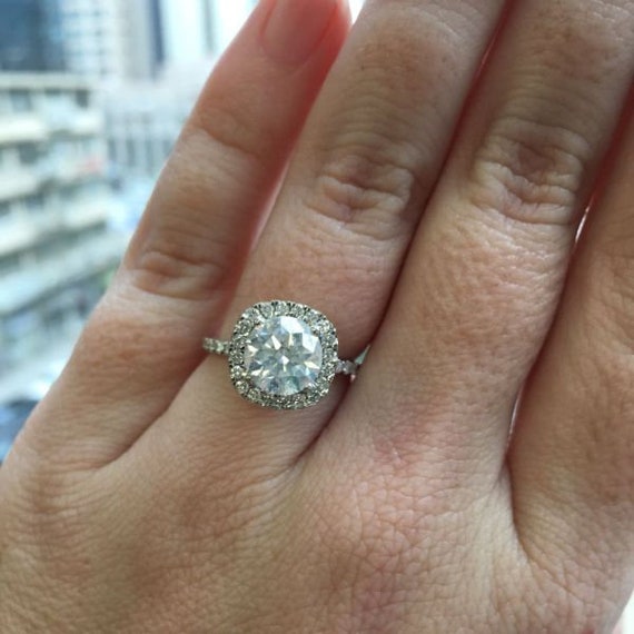 Diamond Halo Engagement Ring 14k White Gold Excellent Light Etsy
