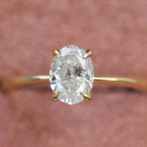 Thin Band Oval Diamond Engagement Ring, Genuine Natural Diamond Ring, Dainty Yellow Gold Engagement Ring