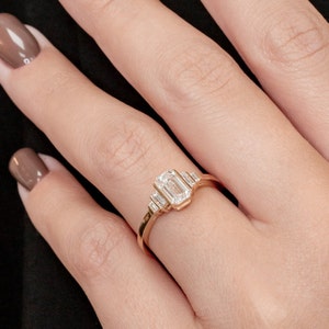 1.11 Carats Emerald Cut Diamond Engagement Ring, Emerald & Baguettes Real Diamond Ring, Yellow Gold Diamond Ring, Elongate Diamond Ring image 6