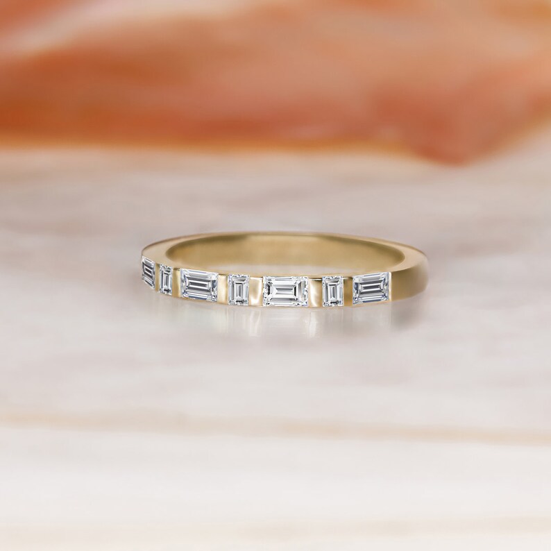 Baguette Wedding Band Yellow Gold, Alternating Baguette Wedding Ring, Baguette Stackable Ring, Unique Baguette Ring image 7