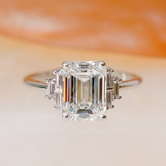 Three Stone Step Cut Diamond Ring Emerald Cut Diamond Ring - Etsy