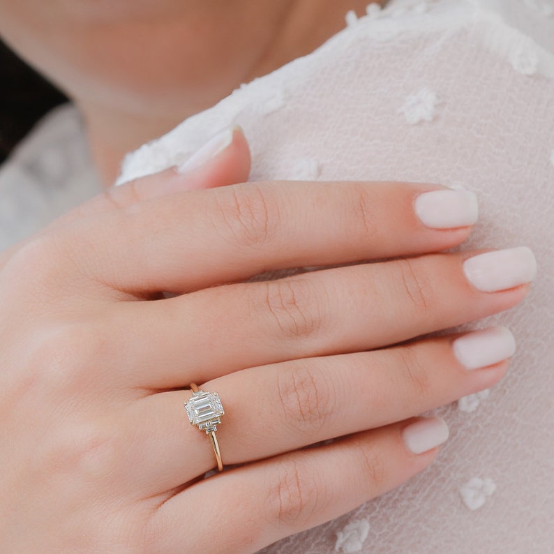 Emerald Cut Diamond Ring, Emerald And Baguette Diamond Ring, 1 Carat Emerald Cut Engagement Ring image 3