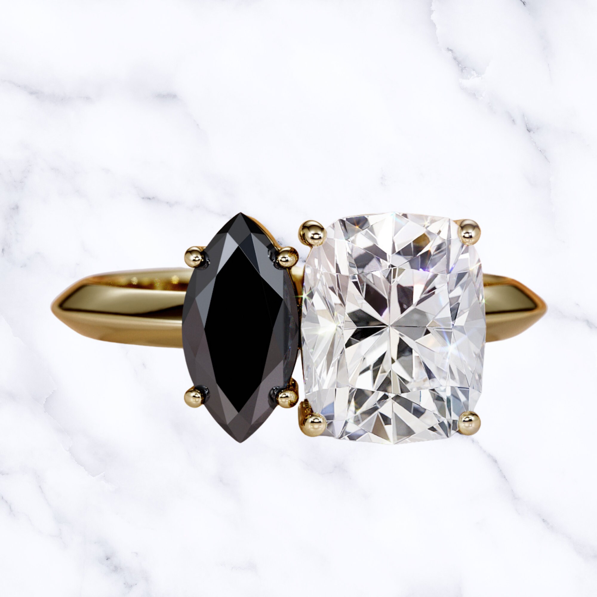 Toi et Moi Ring, Double Diamond Ring, 2 Stone Engagement Ring, Black & White Diamond Ring, Two Stone 14k Gold Ring, Tei Et Moi Diamond Ring
