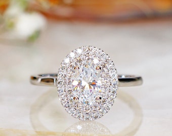 Oval Diamond Engagement Ring, Double Halo Engagement Ring, 14K White Gold, Oval Cut Diamond Ring, Oval Halo, Elongate Diamond Ring