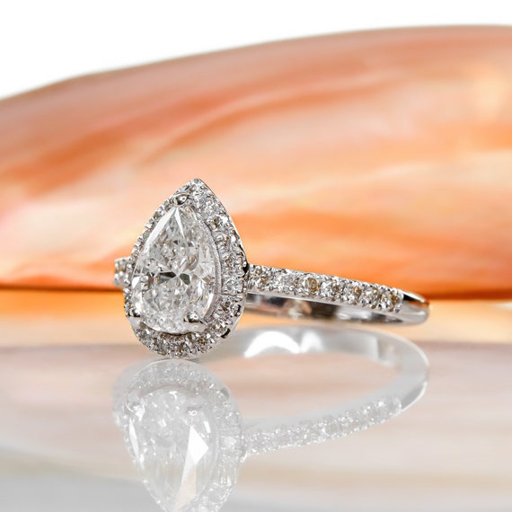 Drop Diamond Engagement Ring 14k White Gold Diamond Ring Pear