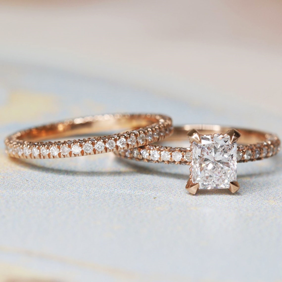 Rose Gold Diamond Ring 1.5 cts Diamond Engagement Ring Full Bridal Set